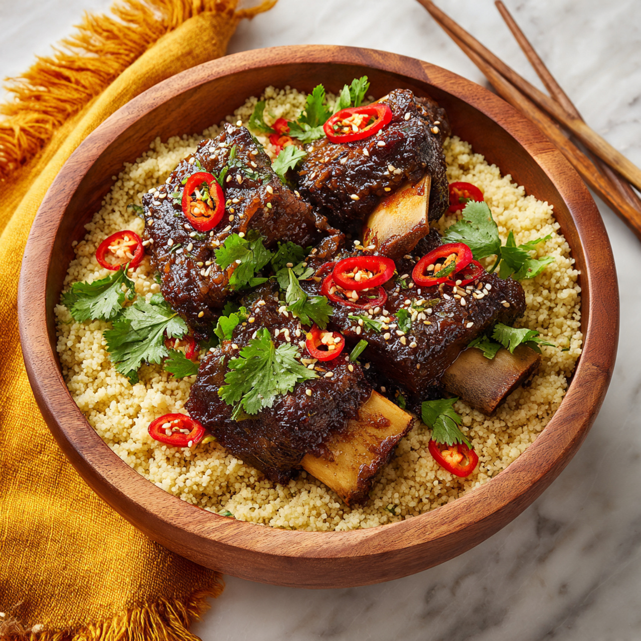 A wooden bowl filled with a base layer of light beige couscous, topped with three dark brown glazed ribs that have a shiny surface and small bits of onion. On top of the ribs, there are bright red sliced chili peppers with visible seeds and fresh green cilantro leaves scattered around. The bowl is set on a white marbled surface with part of a golden-yellow fringed cloth and metal chopsticks visible at the edge of the image. Photo taken with an iphone --ar 4:5 --v 7