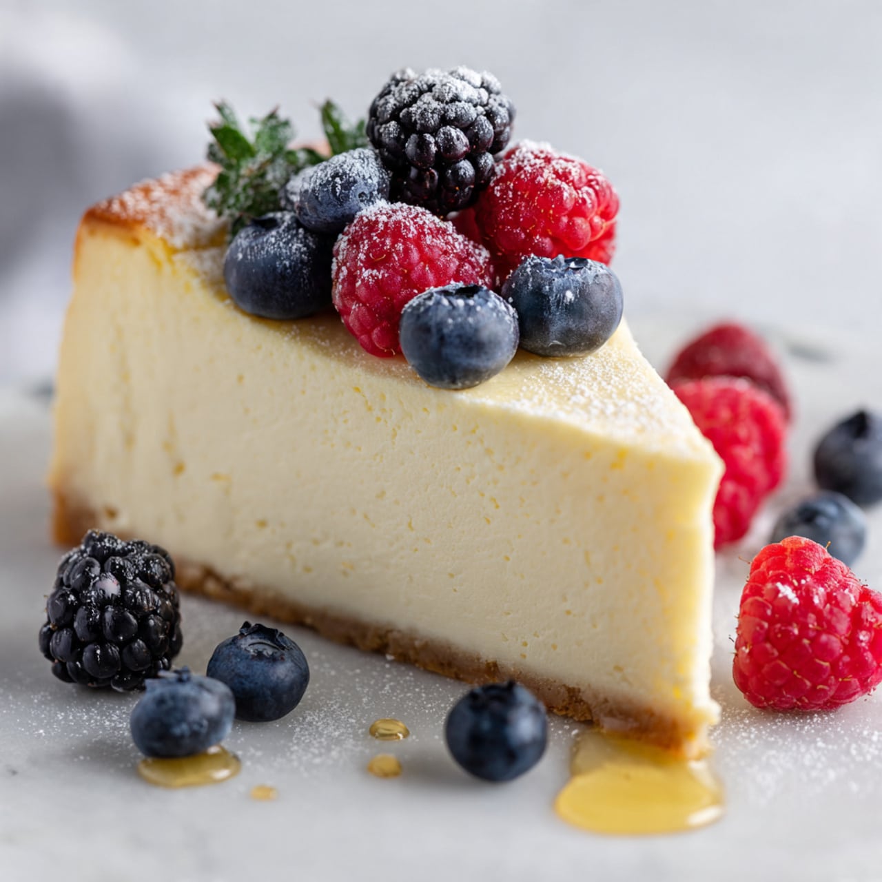 A thick slice of creamy, pale yellow cheesecake with a smooth texture sits on a white marbled surface. The cheesecake has a lightly browned top edge and no visible crust. On top, there is a layer of fresh mixed berries including bright red raspberries, dark blackberries, and deep blue blueberries, with a light dusting of powdered sugar. Scattered around the cheesecake on the white marbled surface are more blueberries, raspberries, and blackberries, with a drizzle of honey adding a shiny detail. Photo taken with an iphone --ar 4:5 --v 7