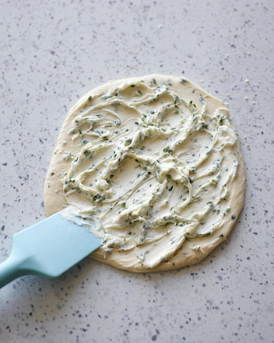 A thin round piece of dough is laid flat on a white marbled surface, topped with one spread layer of cream mixed with small green herb pieces, applied unevenly with textured swirls. A light blue spatula is partially visible at the bottom left, spreading the creamy herb mixture onto the dough. Photo taken with an iphone --ar 4:5 --v 7