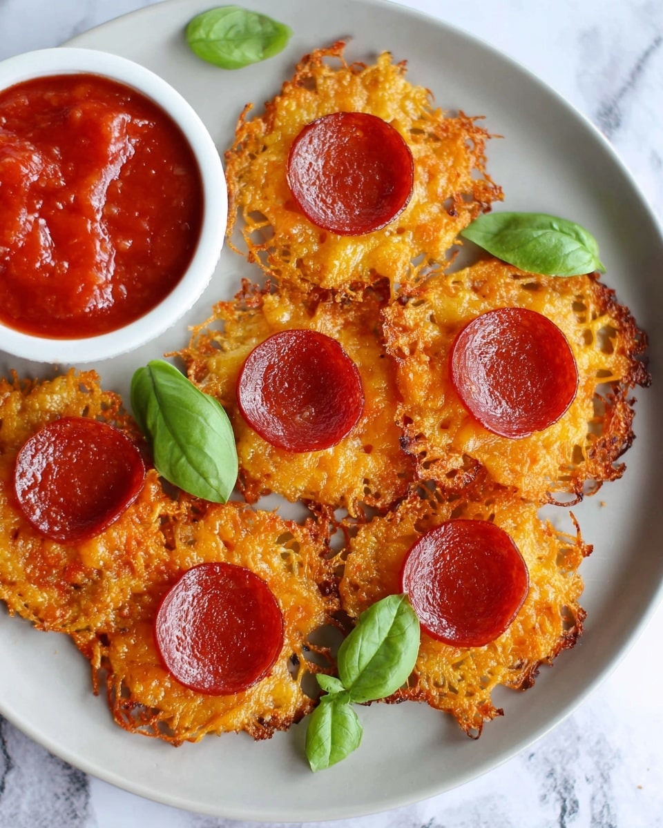 The image shows a white plate on a white marbled surface with six crispy cheese crisps, each topped with a single round, shiny pepperoni slice. The cheese is golden orange with lacy, crunchy edges, while the pepperoni is deep red with a slightly glossy texture. There are a few fresh green basil leaves placed around the crisps, adding a touch of color. In the top left corner, a small white bowl contains bright red marinara sauce with visible tomato chunks. The photo taken with an iphone --ar 4:5 --v 7