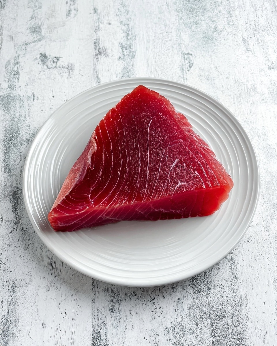 A triangular piece of raw tuna with a deep red color, smooth texture, and visible muscle lines is placed in the middle of a white plate with a subtle ridged rim design. The plate sits on a white marbled surface with faint grey veins and a slightly glossy finish. The tuna's thick sides show a wider variety of red shades, moving from darker to lighter toward the edges, giving it a fresh and dense look. photo taken with an iphone --ar 4:5 --v 7