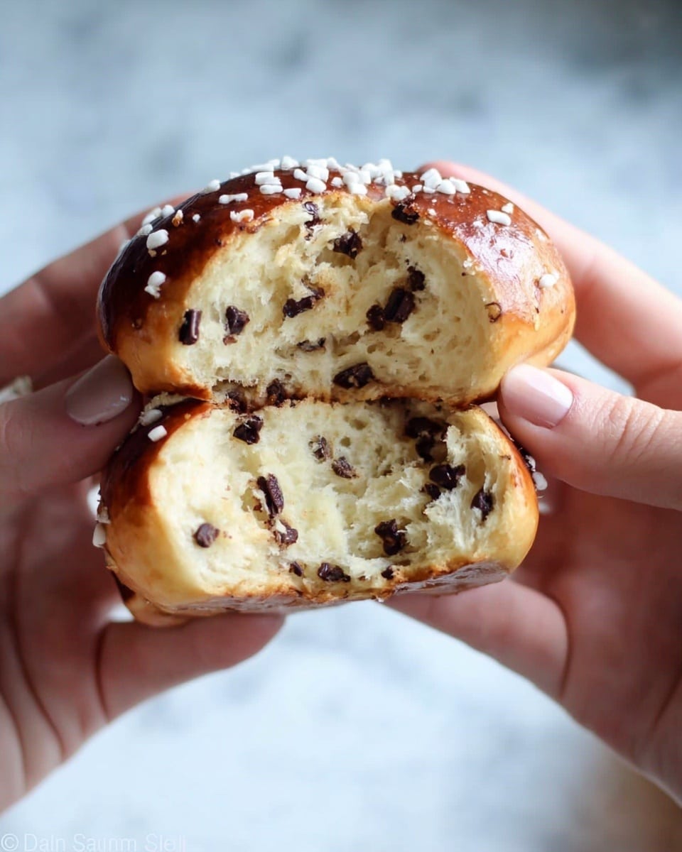 A close-up view of several golden brown round buns piled together, each topped with small dark brown chocolate chips scattered unevenly across the shiny surface and small white sugar crystals adding texture detail. The buns have a smooth, shiny crust and a soft, light yellow inside that shows chocolate chips embedded within the dough. The buns rest on a white plate set against a white marbled surface, with a soft focus on the buns in the background enhancing the main stack in front. photo taken with an iphone --ar 4:5 --v 7