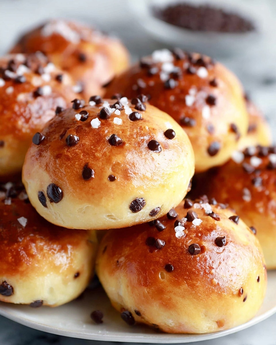 A close-up of a woman's hand holding a round sweet bun broken in half, showing a soft, light beige inside filled with small dark chocolate chips scattered evenly throughout. The bun has a shiny brown crust sprinkled with chunks of white sugar on top. The image is set against a white marbled surface that is softly blurred in the background. Photo taken with an iphone --ar 4:5 --v 7