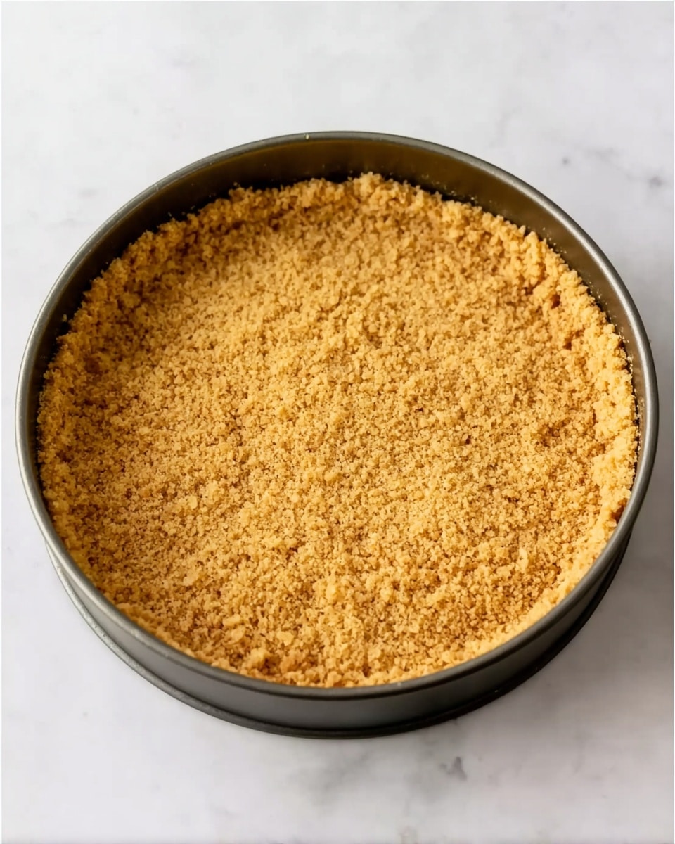 A round baking pan filled with an even layer of finely crushed golden brown crumbs pressed flat and smooth to form a crust. The crust covers the entire base and curls slightly up the sides of the pan. The crumbs have a rough texture with small grainy bits visible. The pan rests on a white marbled surface. Photo taken with an iphone --ar 4:5 --v 7