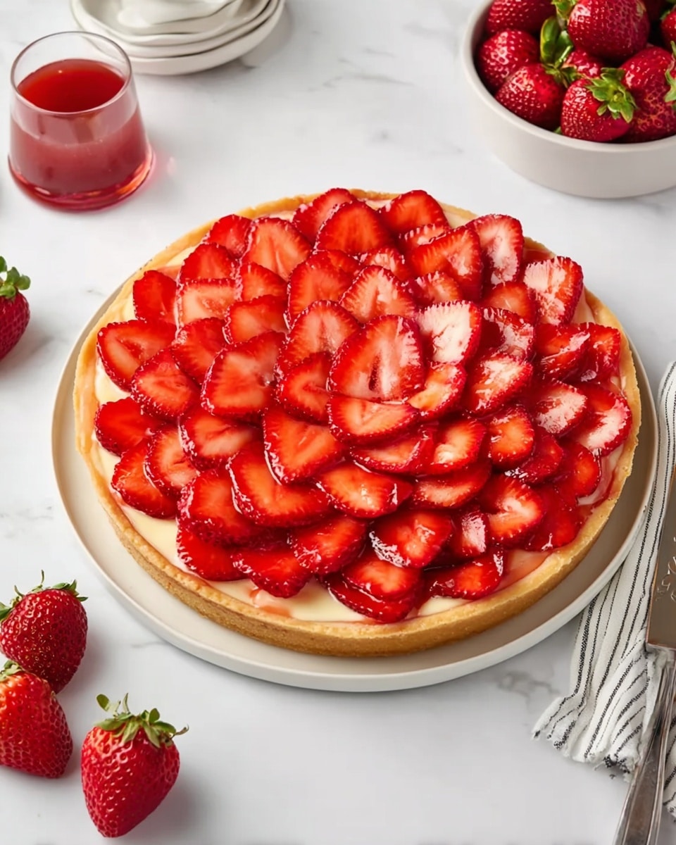 A round tart displayed on a white plate sits on a white marbled surface. The tart has three visible layers: the bottom layer is a golden-brown crust, the middle layer is a smooth, pale cream filling, and the top layer is made of many thin slices of bright red strawberries arranged in overlapping concentric circles covering the entire surface. Around the tart, there are some whole and halved strawberries, a small glass of red sauce, and a white bowl filled with whole strawberries to the side. Photo taken with an iphone --ar 4:5 --v 7