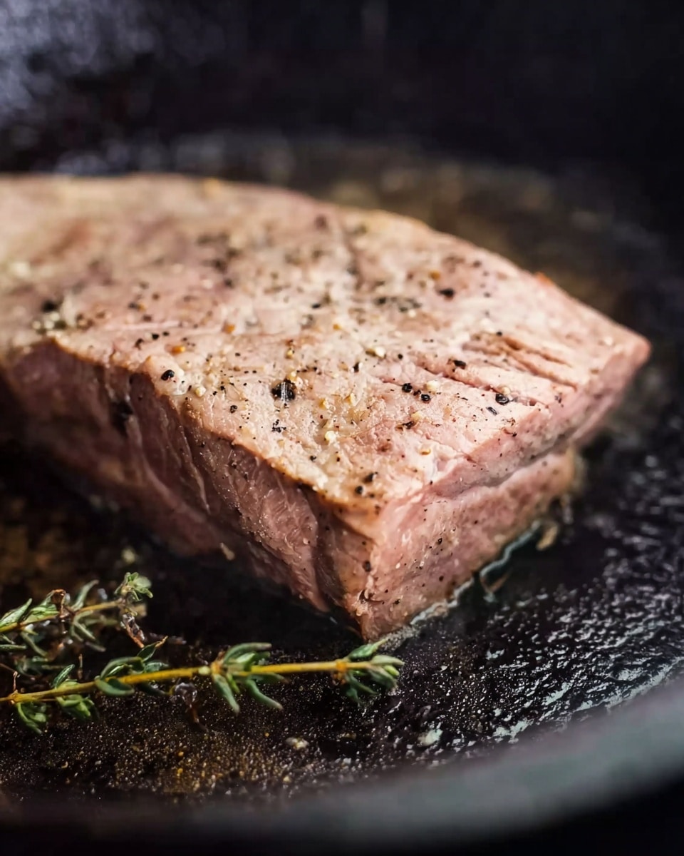 A close-up image of a thick piece of cooked meat with a light brown color and a bit of pink, sprinkled with black pepper. The meat has small creases and a slightly rough texture on the surface. It rests in a black cast iron pan with a small sprig of fresh thyme beside it. The background is softly blurred, keeping focus on the meat. photo taken with an iphone --ar 4:5 --v 7