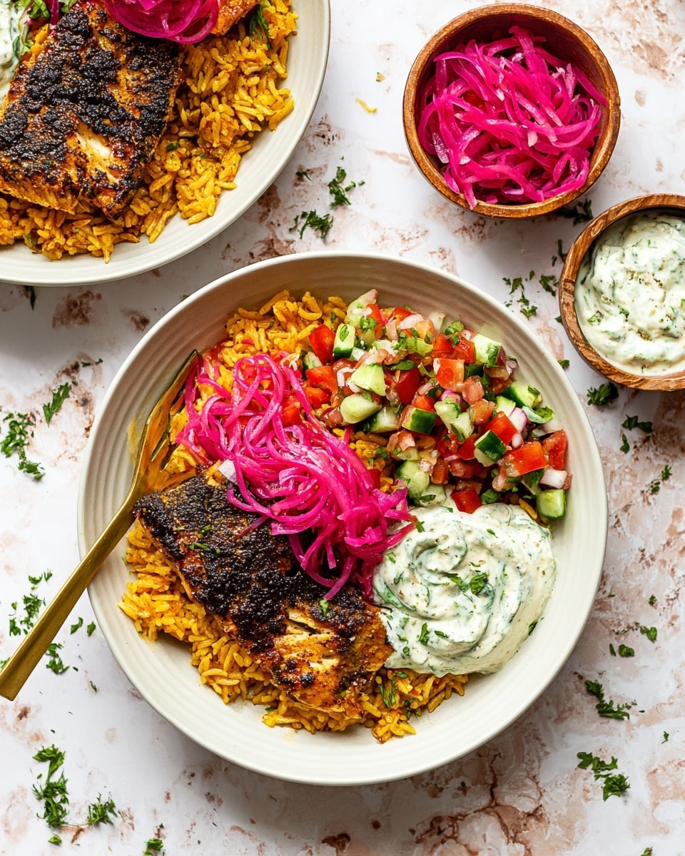 A white bowl shows a meal with three layers: at the bottom is yellow-orange seasoned rice, topped with a piece of dark grilled fish with crispy edges, and layered on top are bright pink pickled onion slices. On one side of the fish is a dollop of creamy white sauce with green herbs mixed in, and beside the rice is a small heap of mixed diced vegetables including red tomatoes, green cucumber, and purple onion. A gold fork rests on the edge of the bowl. The bowls sit on a white marbled background with small scattered green herb leaves. Nearby are two small white bowls, one with more pink pickled onions, and the other with more of the creamy white sauce. photo taken with an iphone --ar 4:5 --v 7
