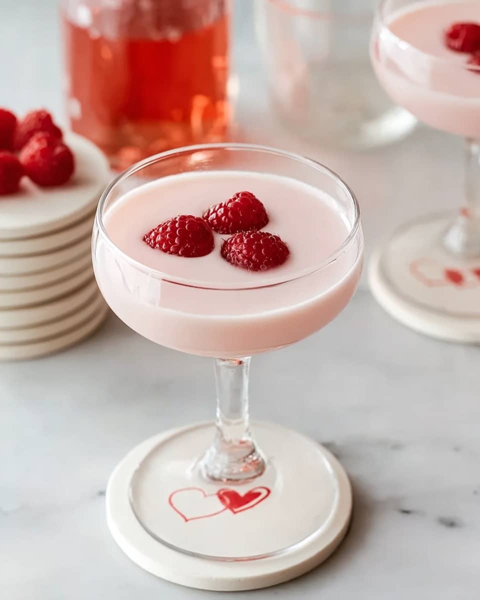 A clear glass coupe filled with a smooth, light pink drink topped with three fresh red raspberries floating closely together in the center; the glass sits on a white marble surface with a white round coaster featuring a small red heart drawing beneath the stem. In the background, there is a stack of white round coasters with heart designs and a glass bottle with a reddish liquid, all on the same white marbled texture. Photo taken with an iphone --ar 4:5 --v 7