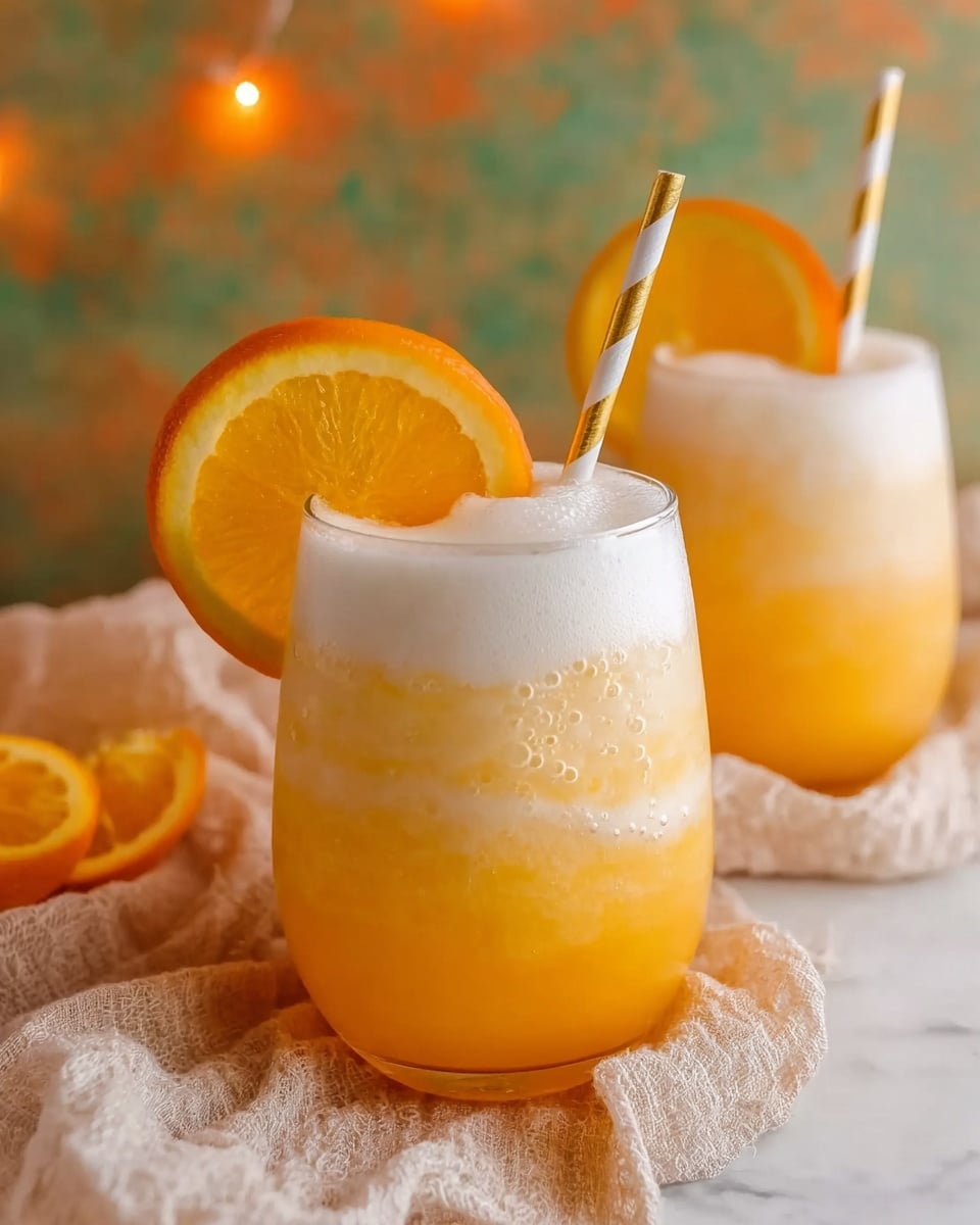 The image shows two clear glasses filled with a layered orange drink. At the bottom, there is a bright, translucent orange layer with small bubbles. Above it is a lighter, creamy orange layer that blends smoothly into a thick, white frothy foam on top. Each glass is decorated with a thin orange slice on the rim and has a white straw with gold stripes inserted in the foam. The glasses are placed on a beige cloth with a soft texture, and the background is warm with glowing orange and green colors, resting on a white marbled surface. Photo taken with an iphone --ar 4:5 --v 7