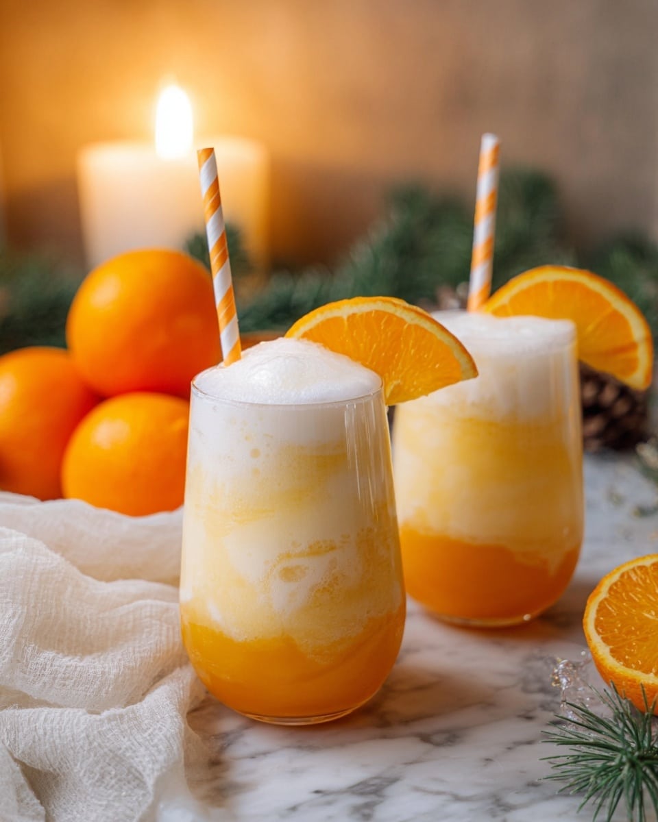 Two clear glasses filled with a three-layer orange drink stand on a white marbled surface with a white cloth draped around them. The bottom layer is thick and bright orange. The middle layer is a lighter, more translucent orange mixing softly with the bottom. The top layer is a thick white foam that spills slightly over the edge of each glass. Each glass has a slice of orange placed on the rim and a striped paper straw sticking out from the foam. In the background, there are two whole oranges, some green pine needles, and a lit candle giving a warm glow. photo taken with an iphone --ar 4:5 --v 7