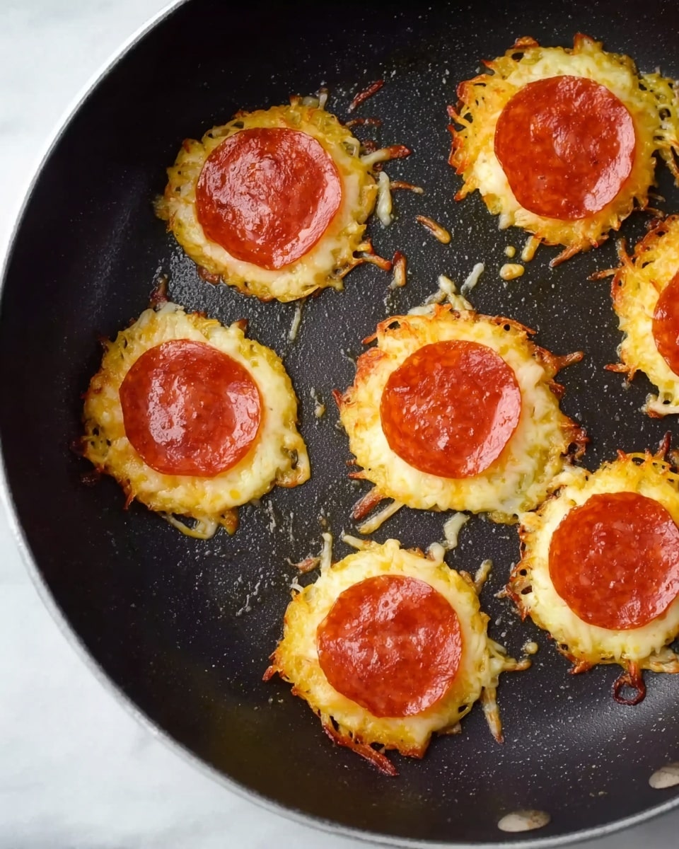 The image shows a black frying pan with seven small crispy cheese rounds, each topped with a single round slice of bright red pepperoni on top. The cheese has melted and spread out slightly around each pepperoni, creating thin golden edges with a slightly bubbly texture. The background beneath the pan has a white marbled surface. photo taken with an iphone --ar 4:5 --v 7