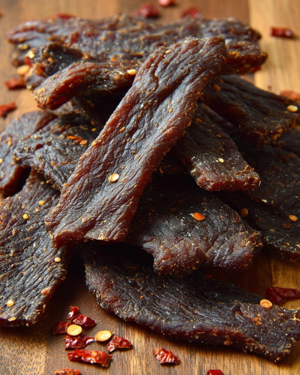 Several dark brown beef jerky strips are piled on a wooden surface with a few flakes of red chili scattered on top. The jerky has a dry, wrinkled texture with visible grain patterns and slightly glossy spots, showing its chewy nature. Each strip varies in length and thickness, with some edges slightly curled or uneven. The background is a close-up wooden surface with warm brown tones. photo taken with an iphone --ar 4:5 --v 7