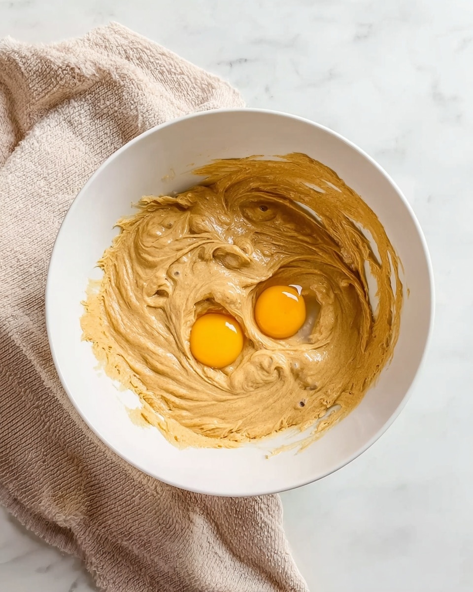 A white mixing bowl filled with a thick, creamy light brown batter. Two raw eggs with bright yellow yolks sit on top of the batter, visibly unblended. The bowl rests on a soft, light beige cloth over a white marbled surface. The texture of the batter is smooth with some swirl marks. Photo taken with an iphone --ar 4:5 --v 7