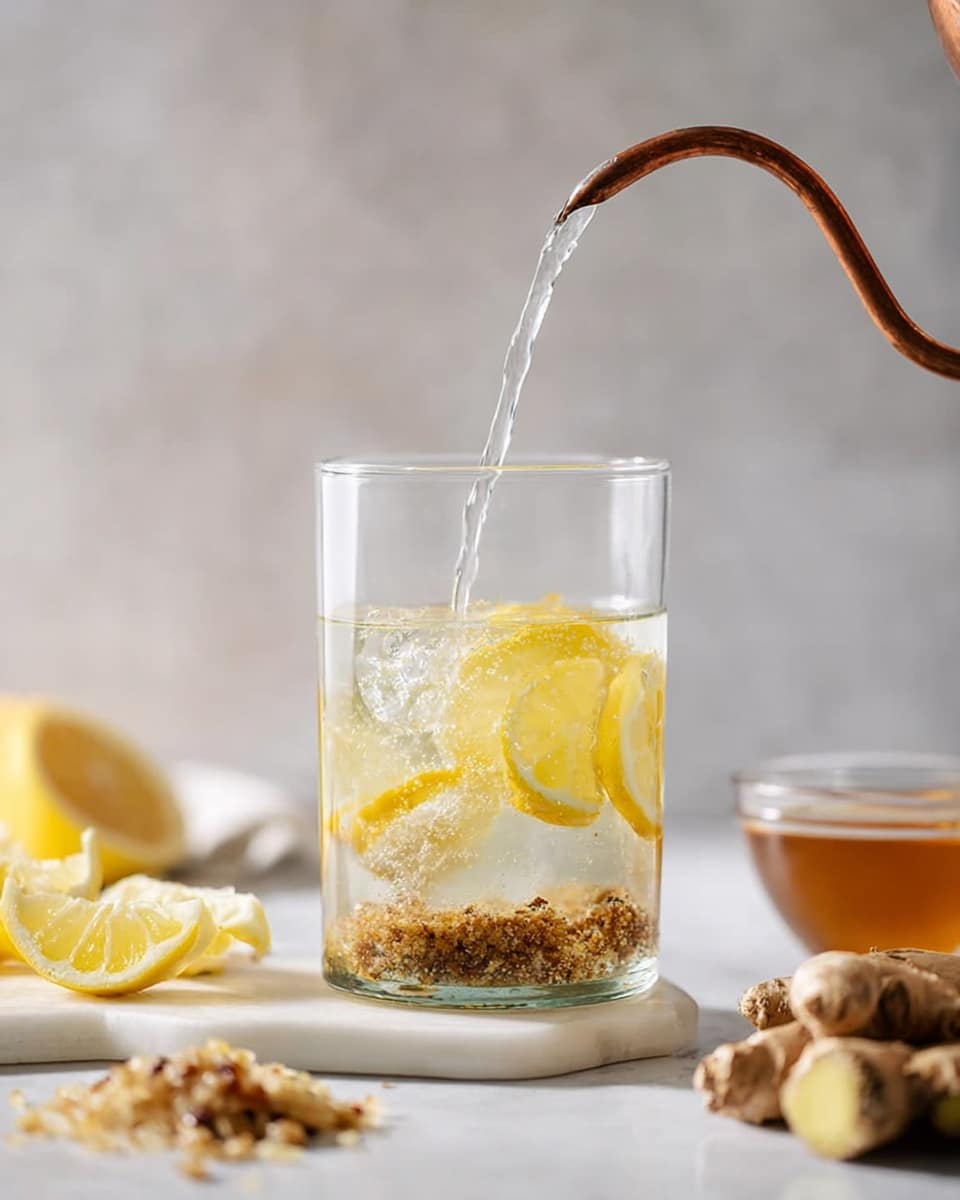 A clear glass container is filled with sliced yellow lemons and some granulated brown spices at the bottom. Water is being poured slowly from a copper-colored spout into the container, making the glass look slightly misty. Around the container on the white marbled surface, there are small lemon wedges on the left, a pile of coarse brown and white sugar crystals in front, some light brown ginger root pieces blurred in the back right, and a small clear glass bowl filled with amber honey on the right side. The overall scene is bright with soft lighting and looks fresh and clean. photo taken with an iphone --ar 4:5 --v 7