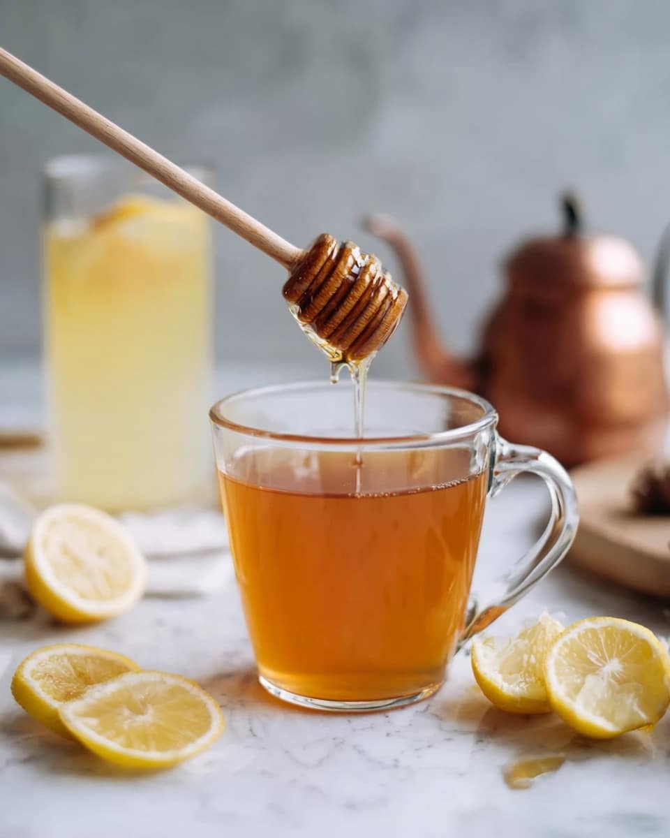 A clear glass cup filled with amber-colored tea sits on a white marbled surface. A woman's hand holds a wooden honey dipper above the cup, with golden honey slowly dripping into the tea. Nearby, there are lemon wedges placed on the surface, some standing upright and others lying on their sides, showing their bright yellow flesh. In the blurred background, there is a tall glass of light yellow lemonade with a lemon slice inside, a glass pitcher with a darker brown liquid, and a copper kettle with a shiny finish. Photo taken with an iphone --ar 4:5 --v 7