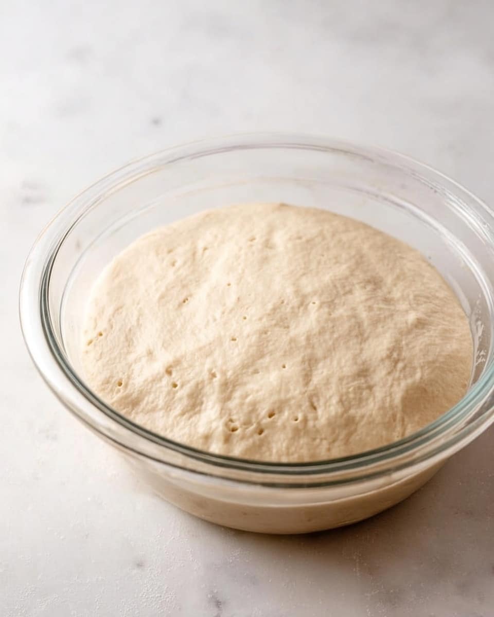 The image shows a clear glass mixing bowl filled with light beige dough that has risen and expanded to fill most of the bowl. The dough has a smooth, slightly bumpy surface with small air bubbles visible underneath. The bowl is placed on a white marbled surface, and there are no other objects or colors present in the scene. The lighting is soft and natural, highlighting the dough’s texture. photo taken with an iphone --ar 4:5 --v 7