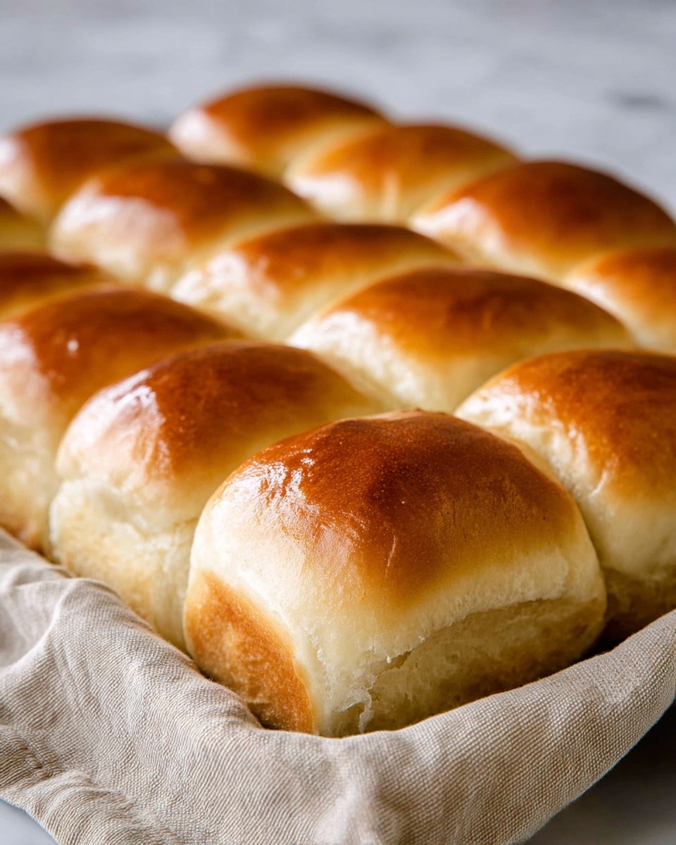 The image shows a close-up view of a baking tray filled with soft, golden brown dinner rolls arranged neatly in three rows, each roll having a slightly shiny and smooth top layer that fades into a lighter, fluffy texture on the sides. The rolls are touching each other, highlighting their soft and pillowy shape with a light crust on top, placed on a folded, plain beige cloth over a white marbled surface. photo taken with an iphone --ar 4:5 --v 7