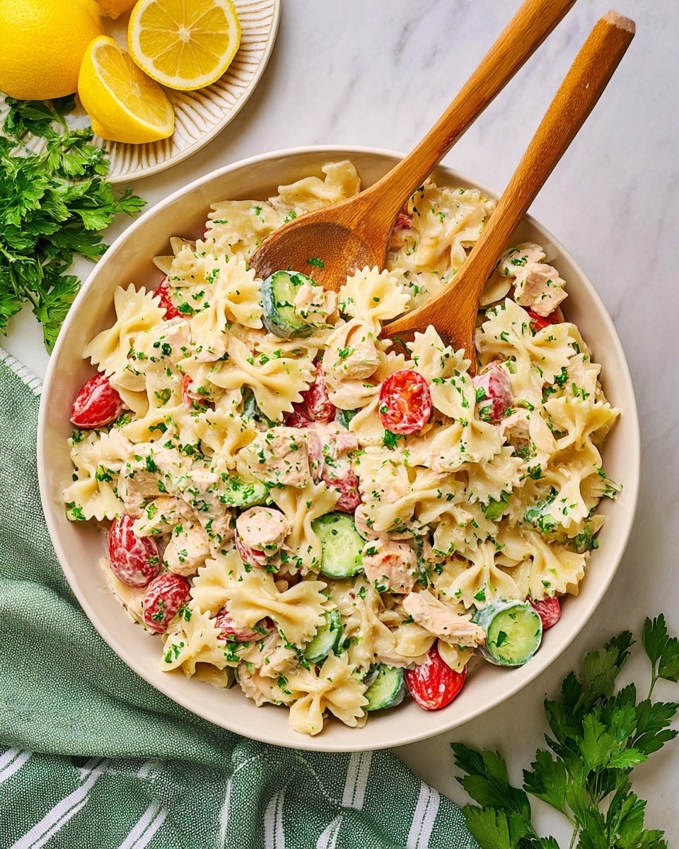 A large white bowl filled with creamy bowtie pasta mixed with small, round red cherry tomatoes, green cucumber pieces, and sliced light beige chicken. The pasta is well-coated with a white cream sauce and sprinkled with chopped fresh green parsley. Two wooden spoons rest inside the bowl, one slightly lifted showing a mix of pasta, tomatoes, and chicken. The bowl sits on a white marbled surface next to a green cloth with white stripes. In the background, there is a white plate with halved yellow lemons and fresh green parsley scattered around. The overall scene looks bright and fresh. photo taken with an iphone --ar 4:5 --v 7