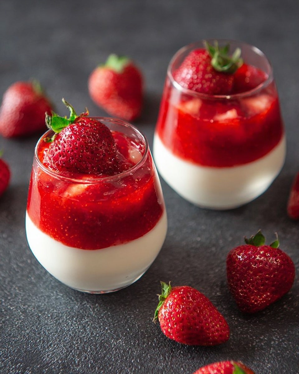 Two clear glasses are filled with a white creamy base layer topped with a thick bright red strawberry sauce that has whole strawberries placed on top. The glasses sit on a dark textured surface with five whole fresh strawberries scattered around them. Photo taken with an iphone --ar 4:5 --v 7