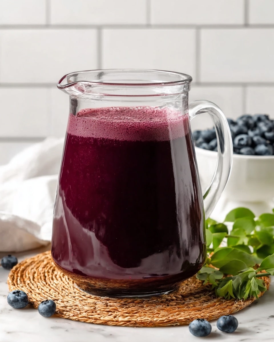 The image shows a clear glass pitcher filled with dark purple juice, with a smooth and slightly frothy texture on top. The pitcher has a large handle on the right side and sits on a round, brown woven mat. Around the pitcher, there are some fresh blueberries scattered on a white marbled surface along with a small bunch of green leafy herbs placed to the right. In the background, there is a white bowl filled with more blueberries resting on the same white marbled surface, with a white tiled backdrop behind it. The lighting is bright and natural, highlighting the rich color of the juice. Photo taken with an iphone --ar 4:5 --v 7