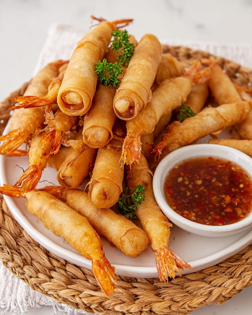 A close-up view of a white round plate holding several golden-brown, thin rolled shrimp spring rolls arranged in layers, with a white bowl of glossy orange sweet chili sauce in the center. A woman's hand is dipping one spring roll with bright orange shrimp tail exposed into the sauce. The plate is on a light beige textured cloth, all set against a white marbled surface. Small green parsley leaves are beside the bowl, adding a touch of color. Photo taken with an iphone --ar 4:5 --v 7
