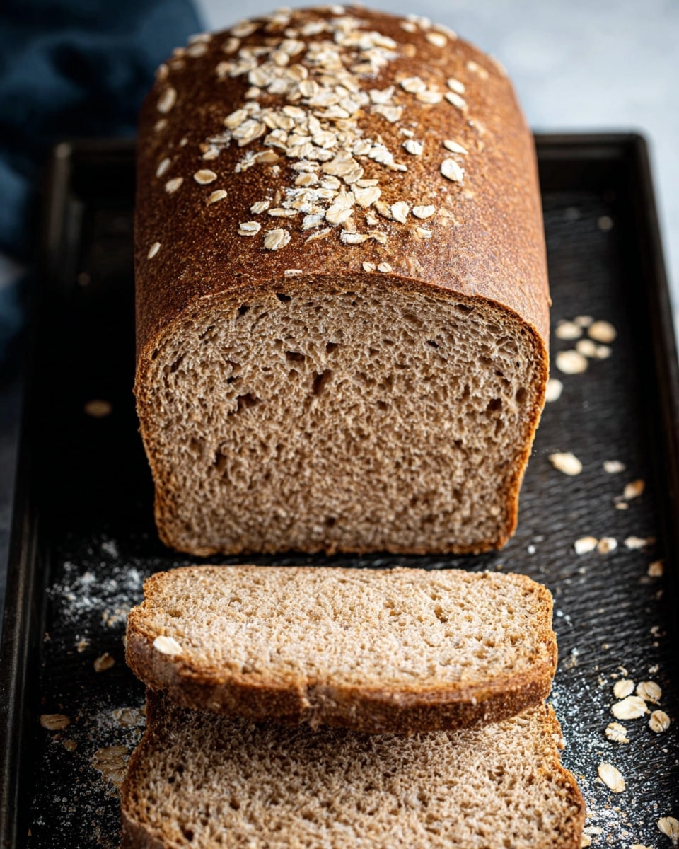 A loaf of brown bread with a rough crust sprinkled with oats on top is shown on a dark, textured baking tray with some oats scattered around. The loaf is placed horizontally, and in front of it are two slices lying flat, showing a soft, even-textured crumb with a medium brown color. The background is a white marbled texture. photo taken with an iphone --ar 4:5 --v 7
