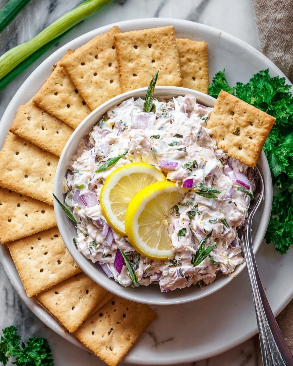 A white bowl filled with a creamy mixture showing small pieces of purple onion, green herbs, and a textured white base. On top of this mix, two thin yellow lemon slices sit near the center. Around the bowl, a white plate holds neatly arranged square saltine crackers with a light golden brown color and small holes. A silver spoon is partially dipped into the bowl with a cracker resting on the bowl's edge. Bright green parsley leaves add a fresh touch next to the crackers. The background is a white marbled surface with some green onion stalks visible on the side. Photo taken with an iphone --ar 4:5 --v 7
