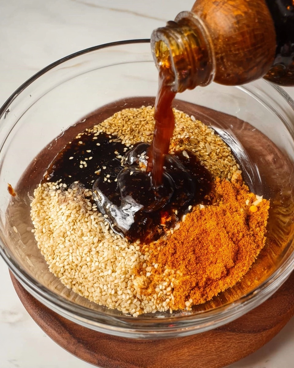 In a clear glass bowl placed on a white marbled surface, there are six visible layers of ingredients. Starting from the left, there is a layer of pale beige sesame seeds, next to a layer of finely chopped light brown garlic. In the middle, a dark brown liquid sauce is being poured from a bottle, spreading and blending with the other ingredients. To the right of this sauce, there is a bright orange powder spread in a small mound. The bowl's smooth, shiny texture is clearly visible and contrasts with the wooden tone of the bottle pouring the liquid. Photo taken with an iphone --ar 4:5 --v 7