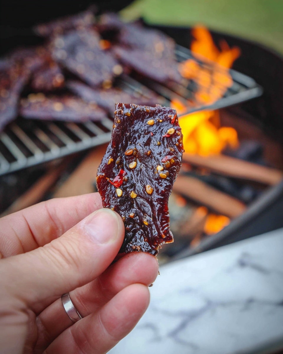 A close-up shows a piece of dark brown, shiny jerky coated with small bits of chili flakes and seeds, held between a person's thumb and fingers. The jerky's texture looks sticky and slightly shiny with a rich glaze. In the blurry background, there is a grill with more jerky pieces and an open flame with bright yellow and orange fire. The setting is outdoors with a white marbled surface visible at the bottom. photo taken with an iphone --ar 4:5 --v 7