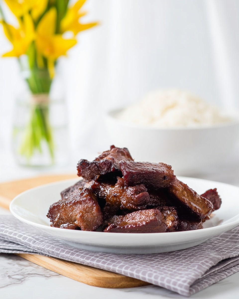 A white plate holds a pile of dark brown, cooked meat pieces with a slightly shiny texture, stacked unevenly. The plate sits on a gray cloth with a white grid pattern over a wooden board, all placed on a white marbled surface. In the background, slightly blurred, there is a white bowl filled with white rice and a clear glass vase holding yellow flowers with green stems. The overall setting is bright and clean. photo taken with an iphone --ar 4:5 --v 7