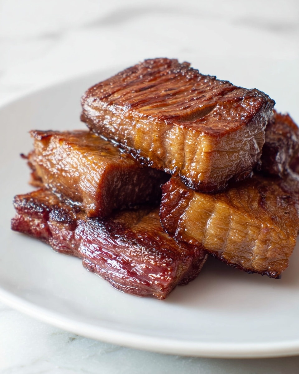 The image shows a close-up of four pieces of cooked meat stacked loosely on a white plate. The meat pieces are thick and square-shaped with a shiny, slightly oily surface, showing a rich brown color with darker grilled marks and some crispy edges. The texture looks tender with visible lines and slight char on the edges. The plate rests on a white marbled surface, adding a clean and simple backdrop to the dish photo taken with an iphone --ar 4:5 --v 7