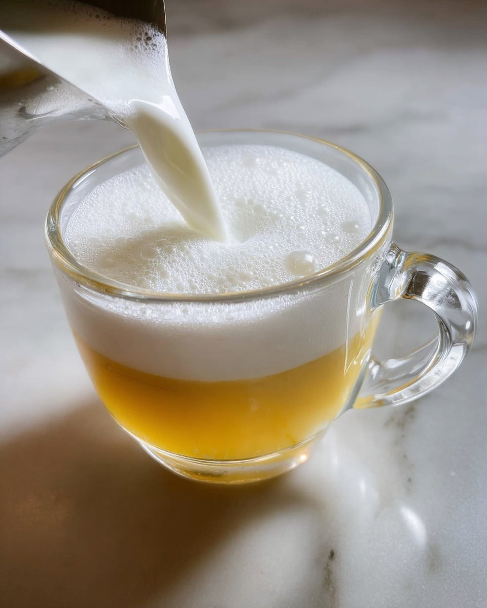 A clear glass cup with a handle sits on a white marbled surface. Inside the cup, a golden yellow liquid fills the bottom half, topped by a thick layer of white foam. A silver container is pouring more white foam into the cup from above, creating bubbles and a smooth texture on top of the liquid. The scene is close-up, showing the details of the foam and the glass. photo taken with an iphone --ar 4:5 --v 7
