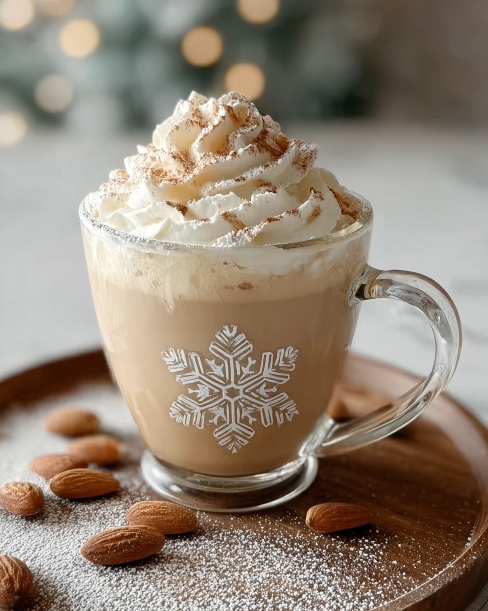 A clear glass cup with a handle holds a creamy light brown drink topped with a thick swirl of white whipped cream sprinkled with light brown powder. The cup features a white snowflake design on its center. It sits on a wooden tray with several whole almonds scattered around and a light dusting of powder on the surface. The background is softly blurred with neutral holiday tones. The surface has a white marbled texture photo taken with an iphone --ar 4:5 --v 7