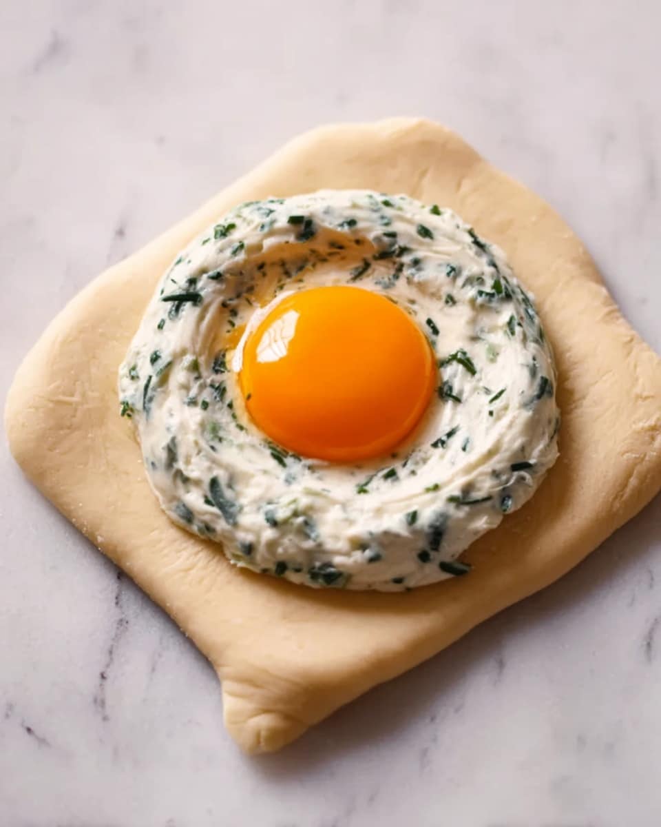 The image shows a single square piece of light brown dough placed flat on a white marbled surface. In the center of the dough, there is a circular layer of white creamy mixture with small green herbs mixed in, forming a slightly raised ring. Inside this ring sits an intact bright orange egg yolk, smooth and glossy, creating a vibrant contrast with the white layer and the dough. The texture of the dough is smooth, and the creamy white layer looks soft and fluffy with specks of green herbs throughout. Photo taken with an iphone --ar 4:5 --v 7
