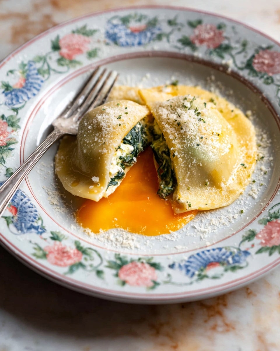 A round ravioli sits on a white plate decorated with blue, pink, and green flower patterns, placed on a white marbled surface. The ravioli is creamy yellow with a smooth texture, topped with light grated cheese and a light dusting of seasoning. A slice has been taken out, revealing two inner layers: a green and white filling that looks like spinach and cheese, and a bright orange running sauce or yolk spilling gently out. A silver fork rests on the left side of the plate, near the ravioli piece. photo taken with an iphone --ar 4:5 --v 7