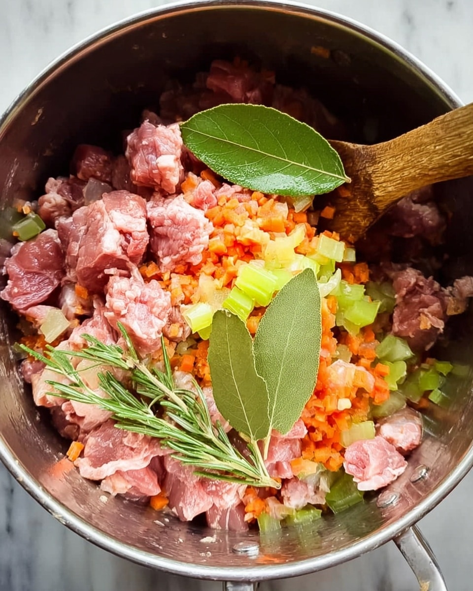 A metal pot contains a mix of raw meat chunks that are pink with white fat, layered on top of finely chopped orange carrots and pale green celery. There are two large green bay leaves placed on the meat, and a sprig of fresh rosemary rests on the side. A wooden spoon with a slightly worn texture is partly visible, stirring the ingredients. The pot sits on a white marbled surface. photo taken with an iphone --ar 4:5 --v 7