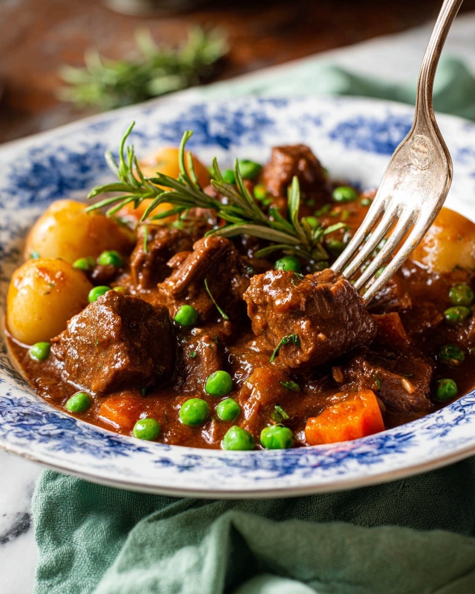 A white plate with blue floral patterns holds a rich beef stew with multiple layers: large chunks of brown beef coated in thick brown sauce, bright green peas scattered around, and orange carrot pieces mixed in. There are also round yellow potatoes visible under the stew, adding a smooth texture. A silver fork is lifting a piece of beef close to the front, with a fresh green rosemary sprig resting on top of the stew. The plate sits on a soft green cloth, with a blurred brown wooden table in the background, all on a white marbled surface. Photo taken with an iphone --ar 4:5 --v 7