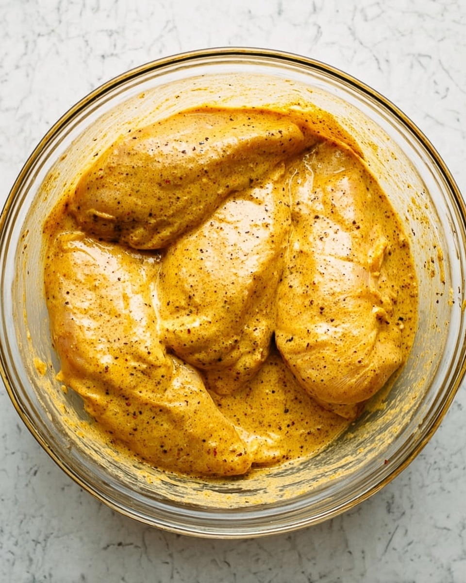 A clear glass bowl filled with four pieces of raw chicken covered in a thick, creamy yellow-orange marinade, speckled with black pepper and spices. The marinade fully coats each piece, showing smooth and slightly textured surfaces. The bowl sits on a white marbled surface, with some of the marinade slightly smeared on the inside edges of the bowl. The photo is taken from directly above, highlighting the creamy texture and rich color of the marinade photo taken with an iphone --ar 4:5 --v 7