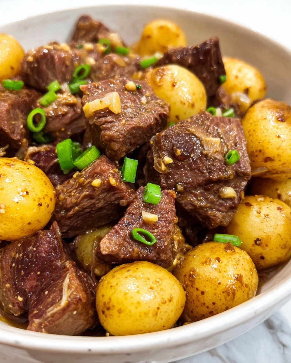 A close-up view of a white bowl filled with roughly cubed pieces of cooked brown meat mixed with halved and quartered yellow baby potatoes, both coated in a glossy garlic sauce with visible small garlic bits. Scattered small green onion slices add a fresh touch to the dish. The bowl sits on a white marbled surface, and the textures of the meat and potatoes suggest tender and well-seasoned layers with a slight shine from the sauce. photo taken with an iphone --ar 4:5 --v 7