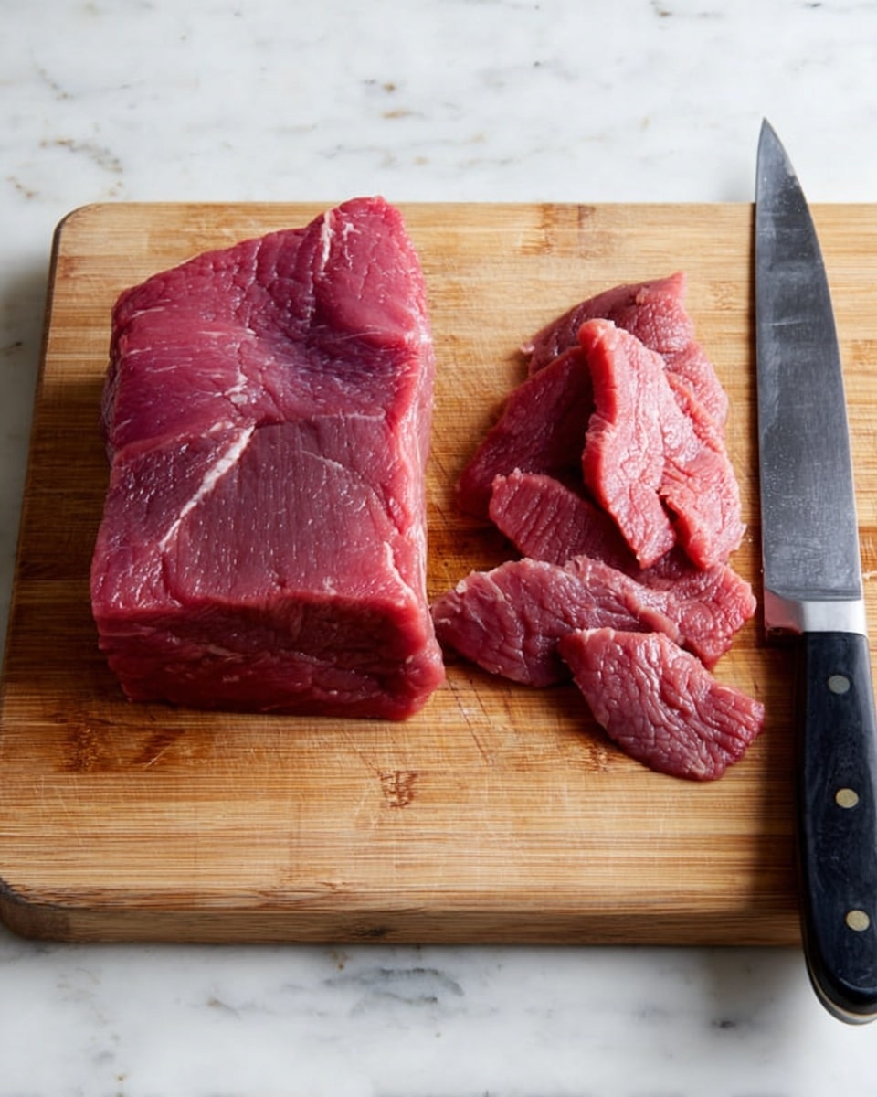 The image shows a wooden cutting board on a white marbled surface. On the left side of the board is a large, solid block of raw red meat with some white marbling. To the right of the block are several thin slices of the same raw red meat, showing a soft, slightly uneven texture. On the far right side of the cutting board lies a large knife with a black handle, positioned horizontally. photo taken with an iphone --ar 4:5 --v 7