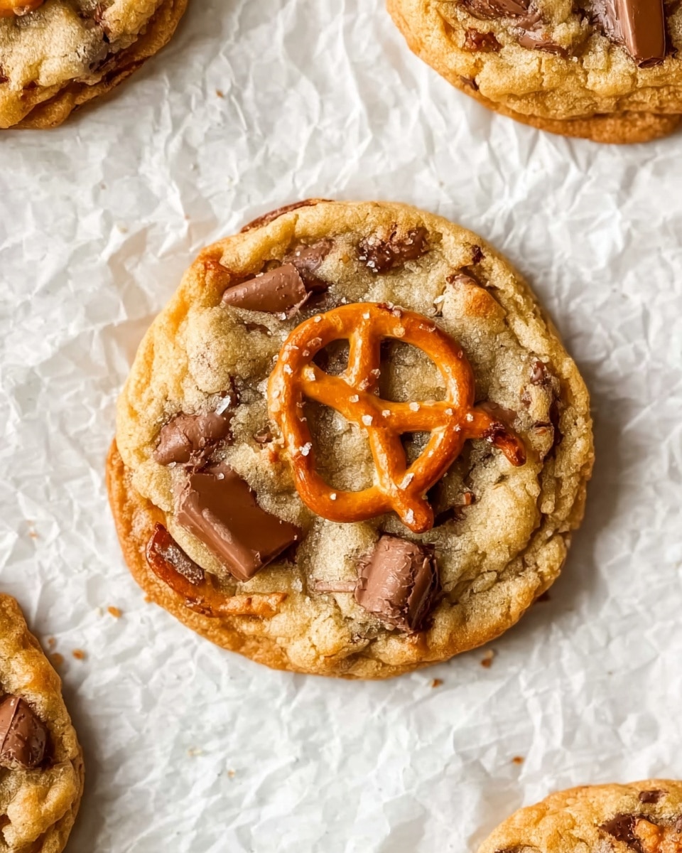 The image shows a single round cookie lying flat on crinkled white parchment paper over a white marbled surface. The cookie is golden brown with a slightly crispy edge and a softer center. Chocolate chunks and chips are embedded throughout the cookie, some melted slightly. A small pretzel with a shiny light brown crust sits on top of the cookie near the center, adding texture and contrast. Another cookie edge is visible in the top right corner, partially in the frame. Photo taken with an iphone --ar 4:5 --v 7
