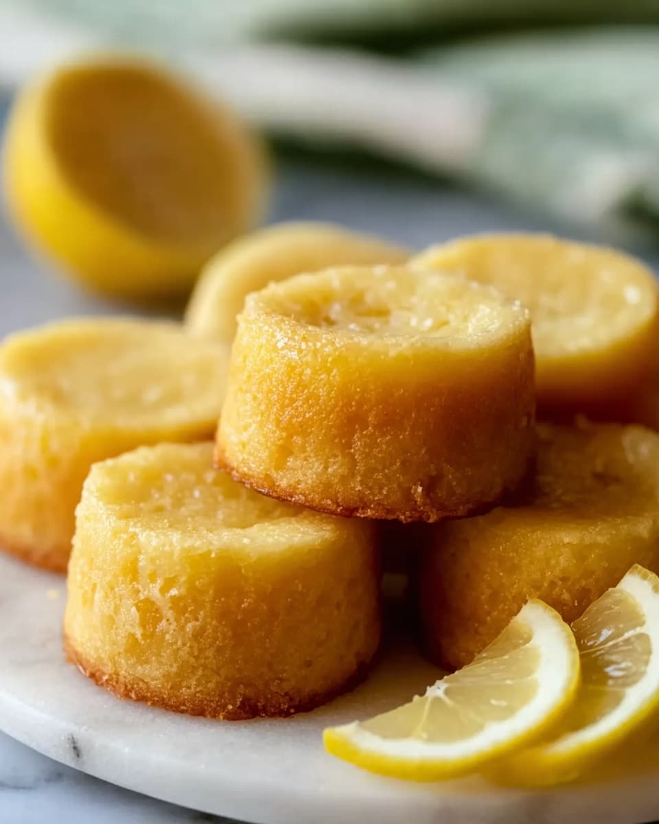 A close-up image shows several small, round yellowish cakes stacked on a white plate. The cakes have a slightly shiny surface with a smooth but slightly uneven texture, showing a soft and moist inside. There are wedges of lemon placed near the cakes, adding a bright yellow color contrast. The background is a white marbled surface with a blurred green and white cloth in the distance. The photo has a warm, natural light highlighting the cakes’ texture and color. photo taken with an iphone --ar 4:5 --v 7