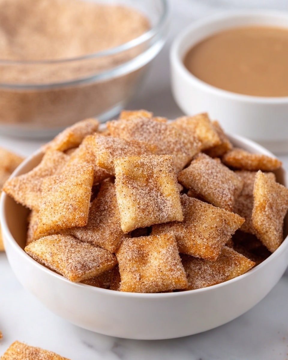 A white bowl filled with many square-shaped crunchy snacks, each coated with a light dusting of cinnamon sugar, showing golden brown and slightly darker spots from baking. The snacks have a textured, grainy surface that looks crispy. Behind the bowl, there is a blurred view of a clear bowl with cinnamon sugar mix and a small white bowl filled with smooth light brown dip, placed on a white marbled surface. photo taken with an iphone --ar 4:5 --v 7