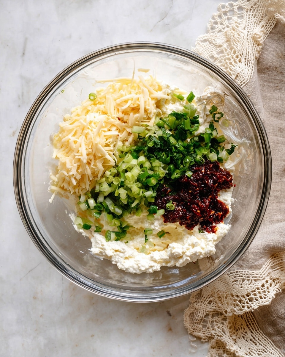 A clear glass bowl seen from above holds four main ingredients separated in sections before mixing: creamy white cottage cheese at the bottom, a pile of light yellow shredded cheese on the left, bright green chopped scallions and cilantro in the top center, and a dark reddish-brown spicy paste on the right side; the bowl is set on a white marbled surface with a beige cloth with lace edges to the right. photo taken with an iphone --ar 4:5 --v 7