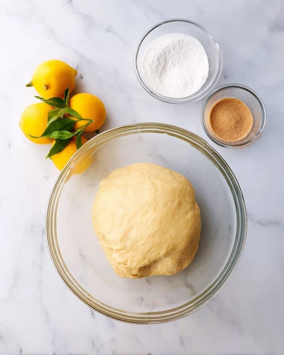 A clear glass bowl sits on a white marbled surface, holding a smooth, pale yellow dough ball with a slightly puffy texture centered inside. To the upper right of the bowl are two small clear glass containers, one filled with white sugar and the other with light brown sugar. At the lower left of the bowl, there are three small bright orange-yellow lemons with green leaves attached. The scene is bright and clean with soft natural light, photo taken with an iphone --ar 4:5 --v 7