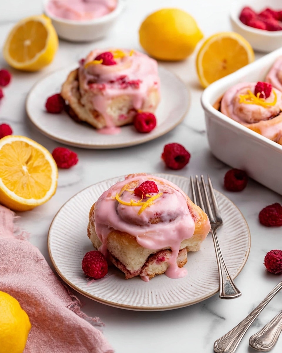 The image shows soft cinnamon rolls with a bright pink glaze and small red fruit pieces on top, placed on white plates with a textured design. Each cinnamon roll has swirled layers of light brown dough and is covered with the thick, creamy pink frosting that drips slightly down the sides. A few fresh red raspberries rest around and on the cinnamon rolls. There are whole lemons and lemons sliced in half placed on the white marbled surface around the plates. In the bottom right, part of a white baking dish holds more cinnamon rolls with the same pink glaze and garnished with orange slices. Two silver forks lie near a soft pink cloth napkin next to the plates. The setting is bright and clean, with all elements on the white marbled texture. Photo taken with an iphone --ar 4:5 --v 7