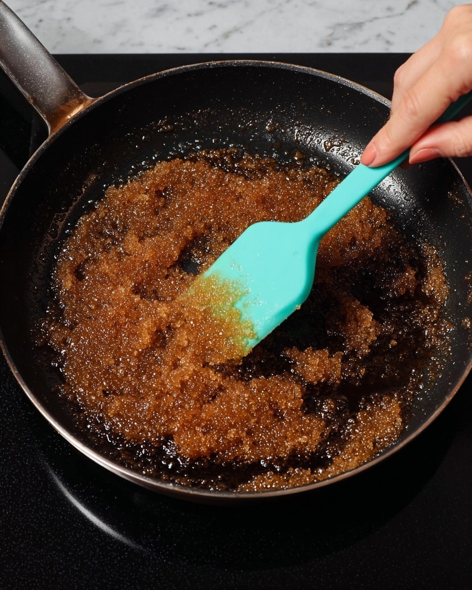 A close-up of a black frying pan on a stove with dark brown sugar melting and bubbling evenly across the flat surface; the sugar forms a grainy, melting layer with a shiny, glossy texture. A woman's hand holds a light turquoise silicone spatula stirring the sugar, scraping and mixing from the center towards the edges. The background shows a dark countertop but the surface beneath the pan should be imagined as a white marbled texture. Photo taken with an iphone --ar 4:5 --v 7