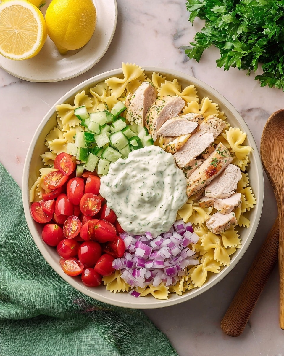 A white bowl filled with a layer of yellow bowtie pasta at the bottom spreads evenly. On top, to the right, there are slices of cooked light brown chicken arranged neatly. Next to the chicken, a pile of bright red halved cherry tomatoes sits on the pasta. To the left of the tomatoes, finely chopped purple onions cover the pasta layer. Above the onions, there are diced green cucumbers. In the middle, a generous scoop of creamy white sauce with a slightly thick texture is placed. The bowl is set on a white marbled surface with a green cloth and wooden utensils nearby, along with a white plate holding halved and whole yellow lemons at the top left, and a bunch of fresh green parsley at the top right. Photo taken with an iphone --ar 4:5 --v 7