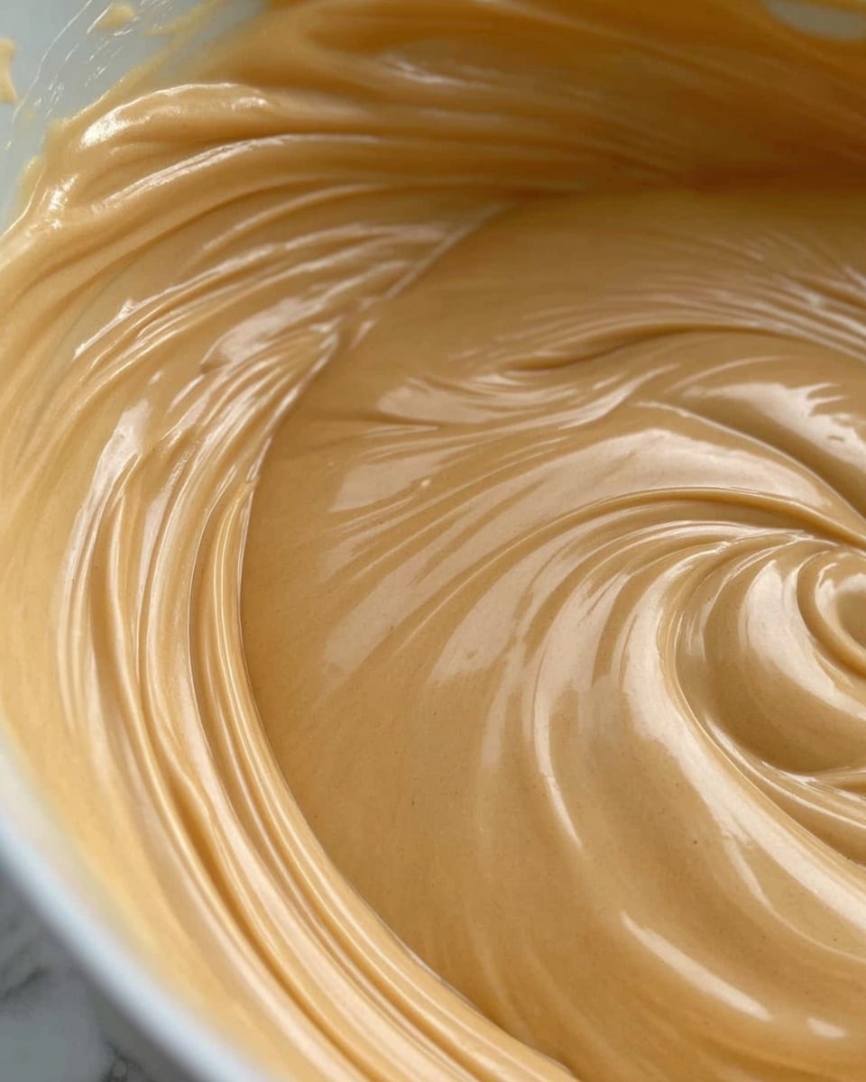 The image shows a close-up of light brown, creamy batter being gently stirred, creating smooth swirling patterns with a glossy texture. The batter fills the bottom part of a white bowl, and the soft, thick consistency is clearly visible. The background has a white marbled texture. photo taken with an iphone --ar 4:5 --v 7