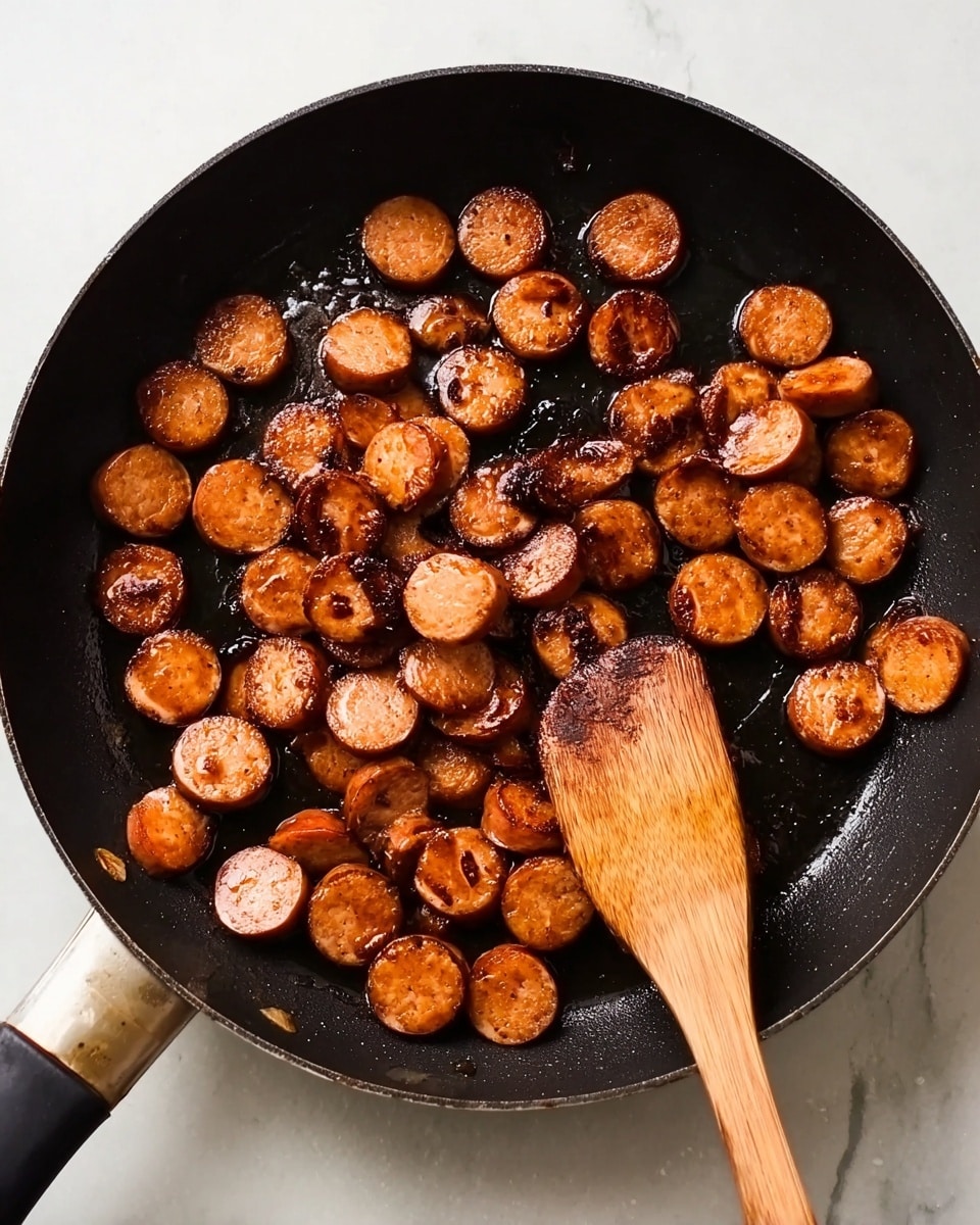A black pan filled with many small round slices of sausage, cooked to a mix of golden brown and darker brown colors with some parts slightly charred. A wooden spatula is stirring the sausages from the right side, showing the sausages' shiny, slightly oily texture in the pan. The pan is placed on a white marbled surface. photo taken with an iphone --ar 4:5 --v 7